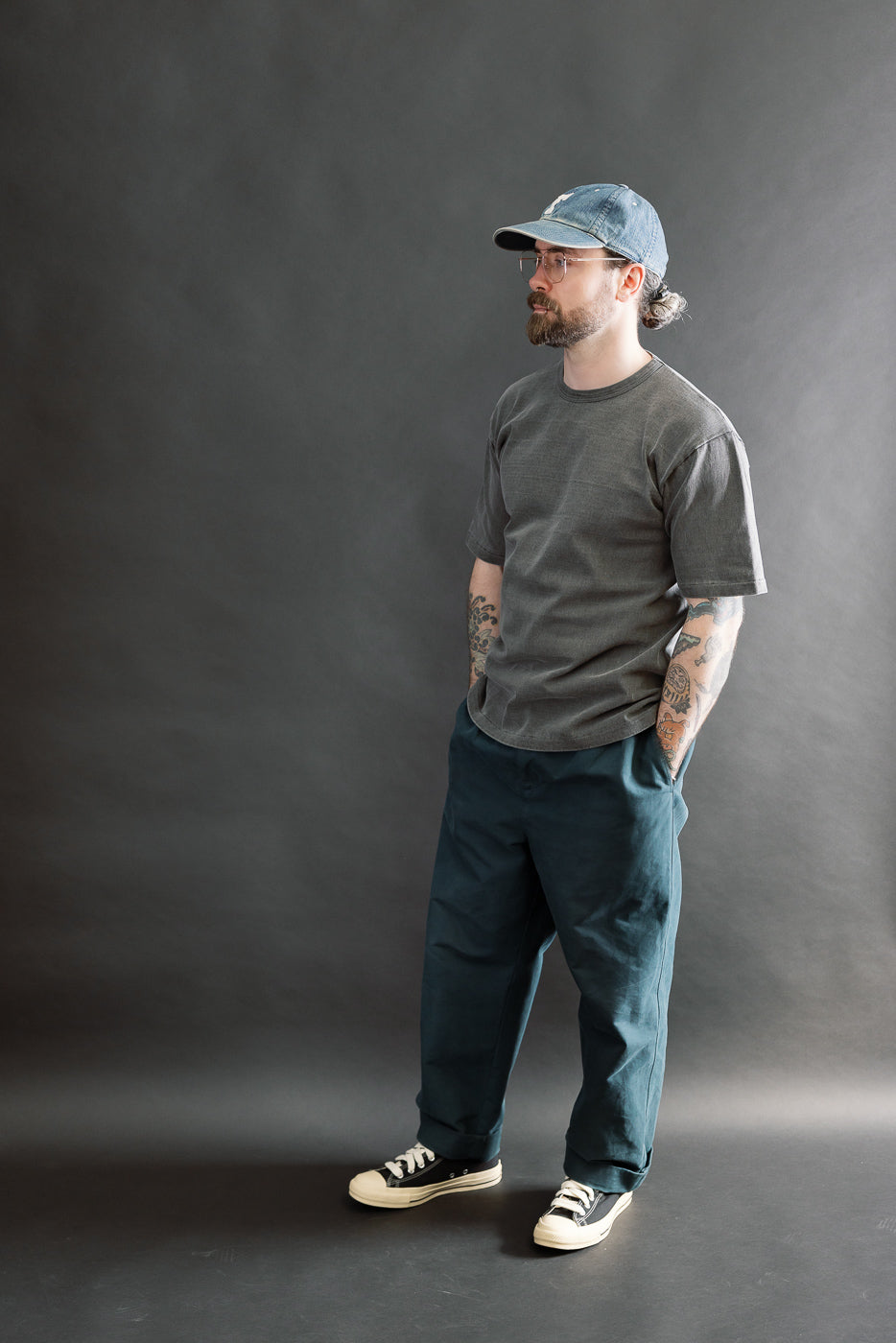 Full body front view of male model 5'9