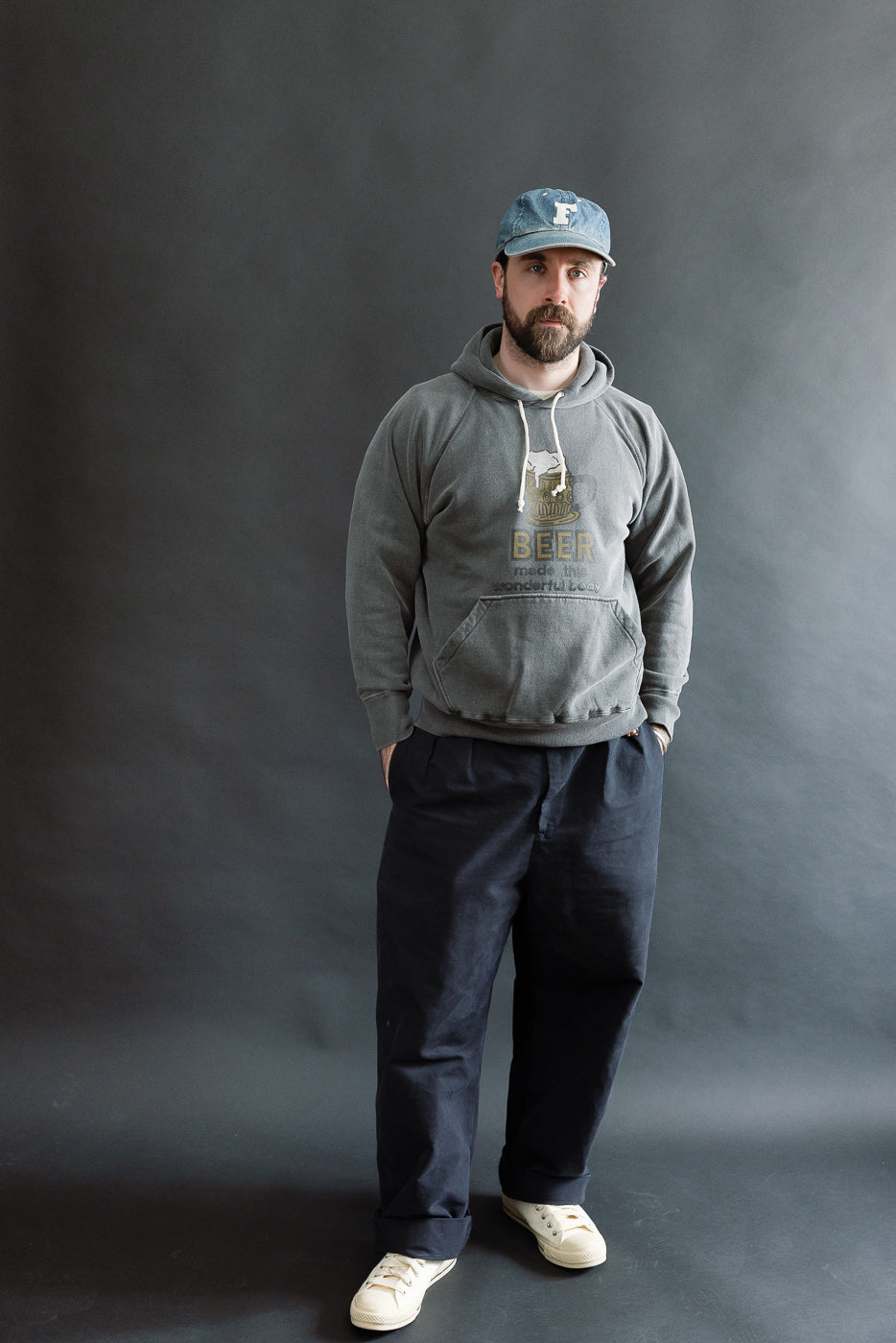 Full body front view of male model 5'9