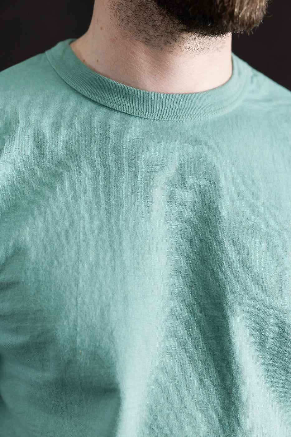 Close-up front view of Dubble Works emerald cotton tee crewneck on male model, showing collar and fabric texture.