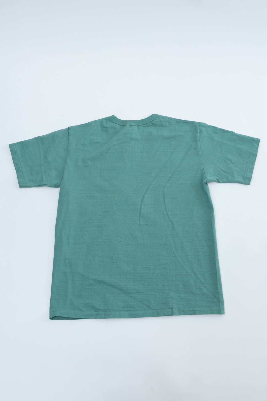 Flat lay of Dant Dubble Works Fallen Cotton midweight emerald tee, back view, short sleeves shown.