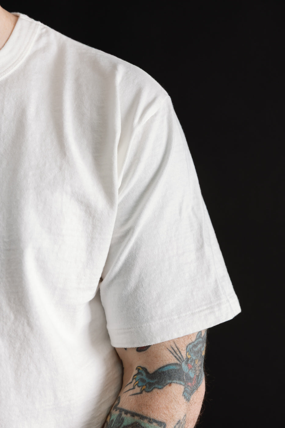 Close-up of male model's right sleeve and upper arm, wearing off-white midweight tee, showing fabric texture and classic short sleeve detail. Model is 5'9