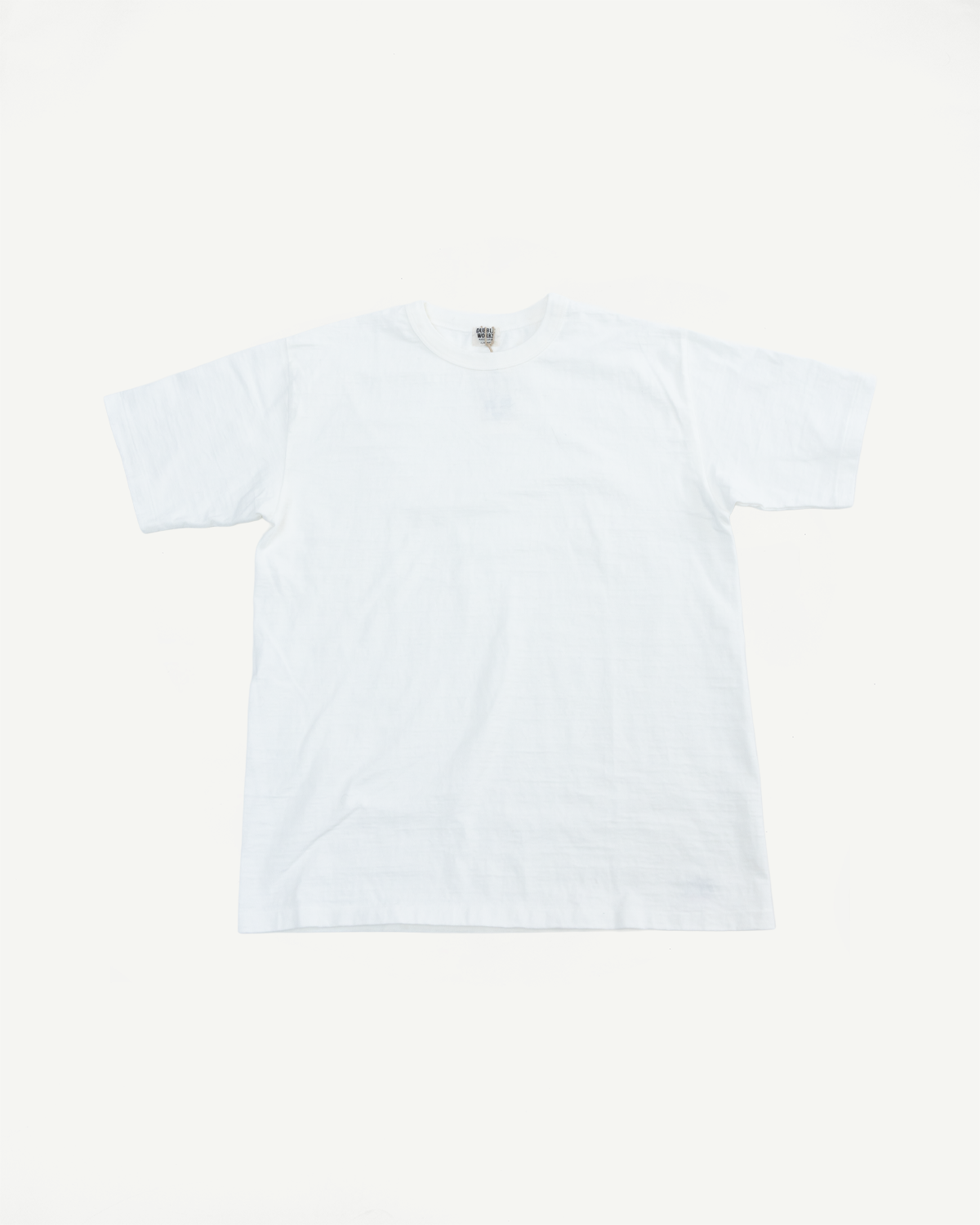 Flat lay of Dubble Works off-white midweight cotton t-shirt, front view, short sleeves, crew neck