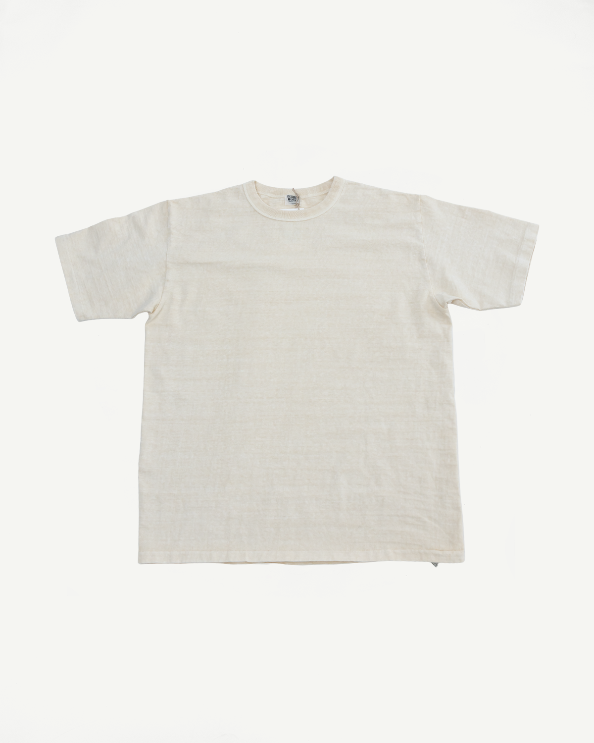 Flat lay of Dubble Works Fallen Cotton midweight tee in cream, front view, short sleeve, crew neck.