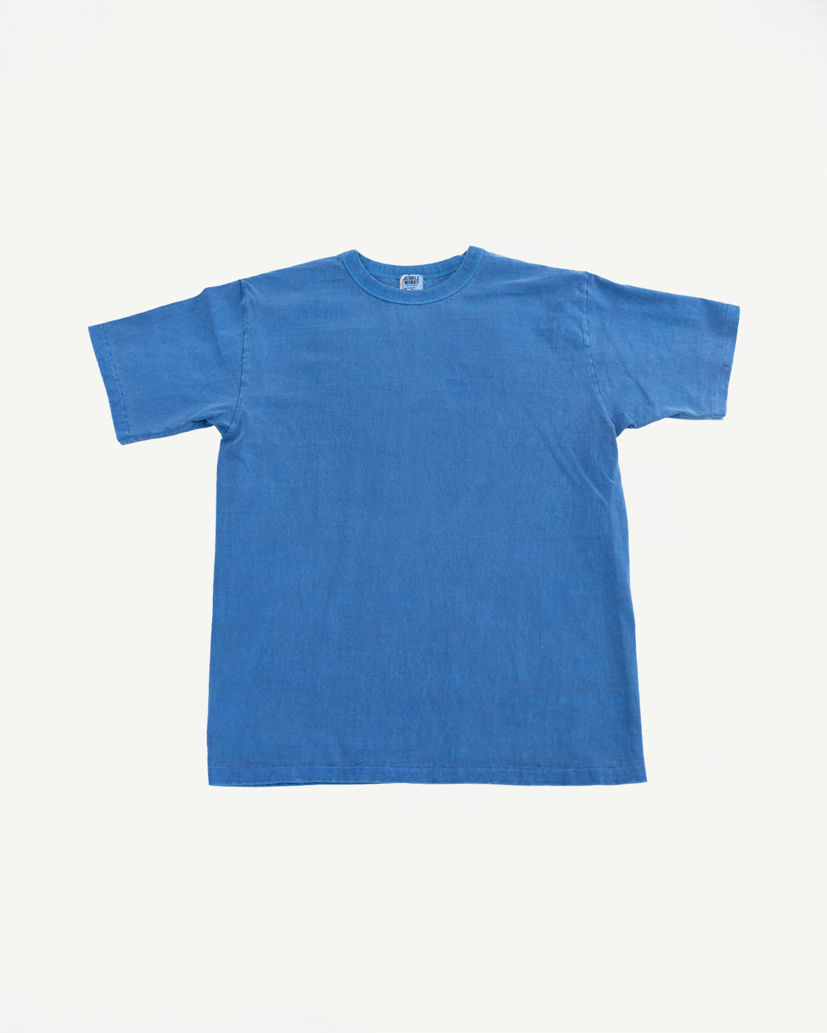 Flat lay front view of Dubble Works Fallen Cotton midweight blue tee, crew neck, short sleeves