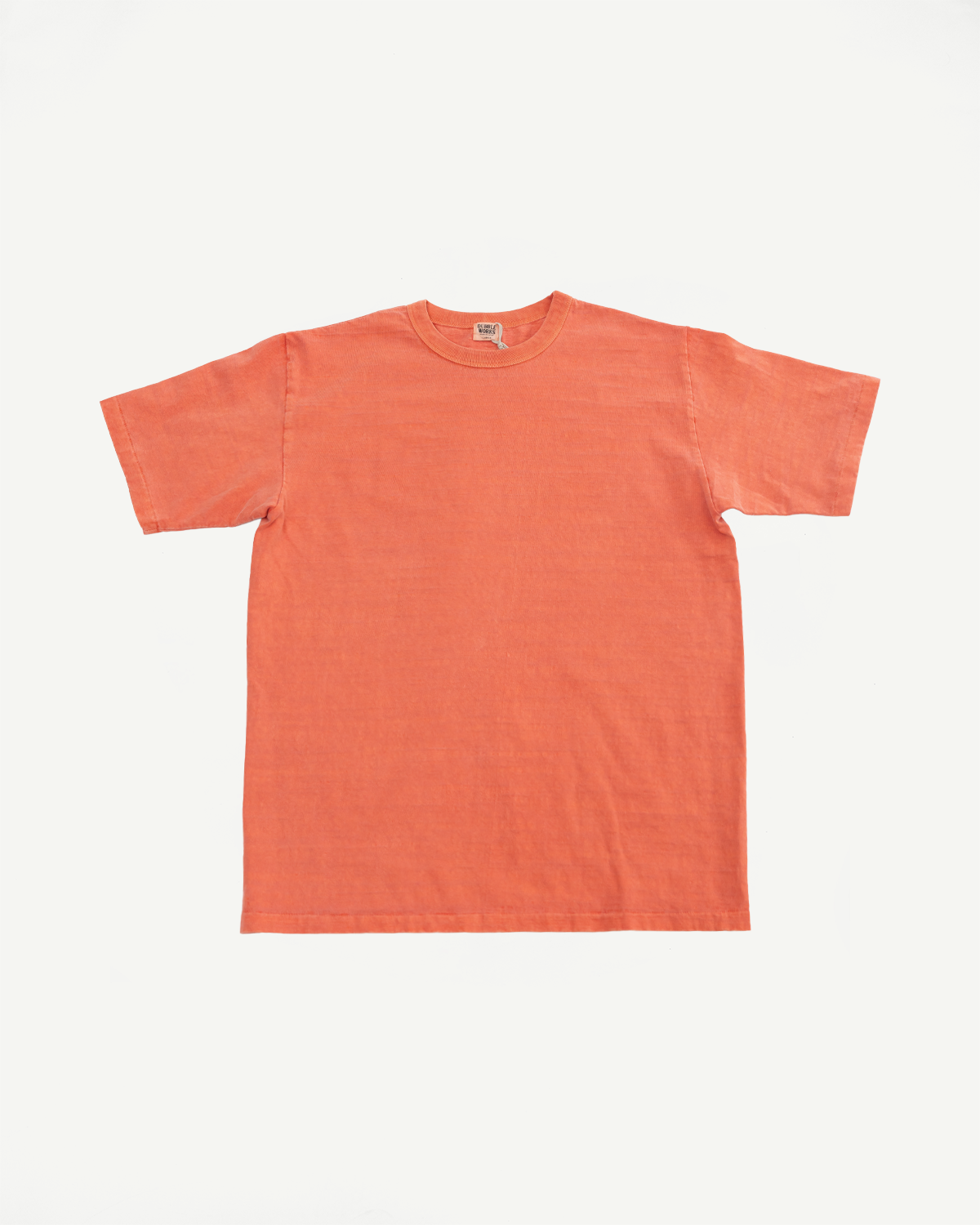 Flat lay front view of Dubble Works fallen cotton midweight orange tee, short sleeves, crew neck.