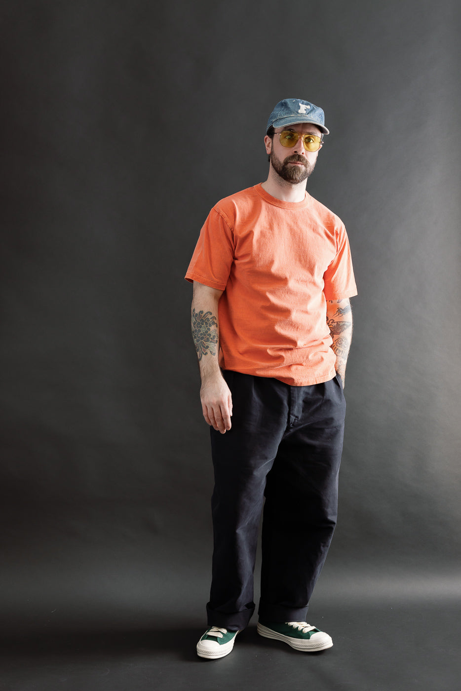 Full body front view of male model 5'9