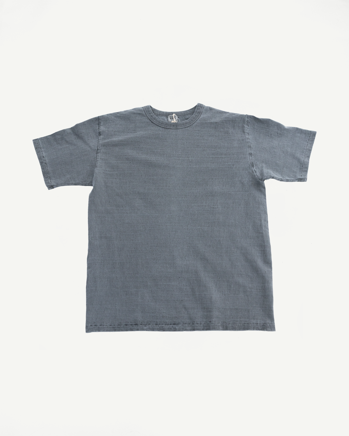 Flat lay front view of Dubble Works Fallen Cotton Midweight Tee in sumikuro, short sleeves, crew neck, textured fabric, Dant contemporary casual apparel.