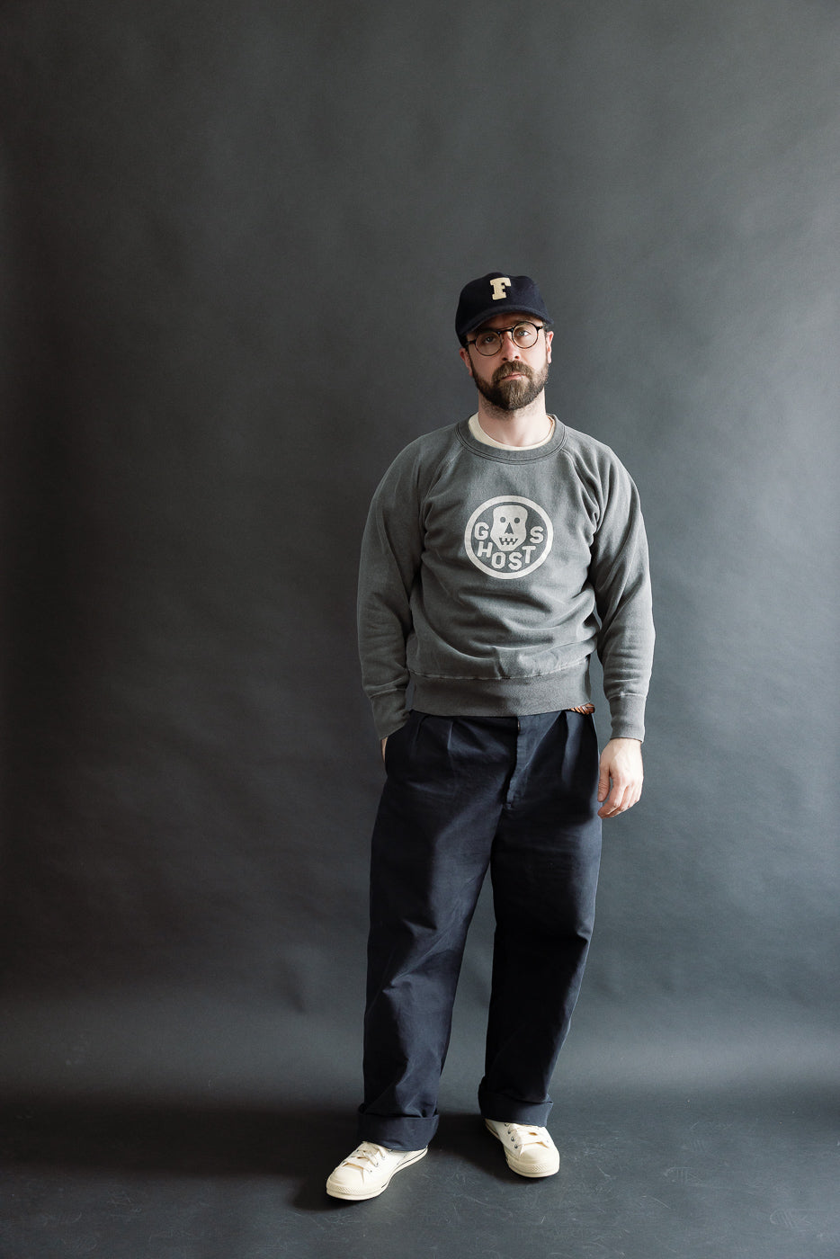 Full body front view of male model, 5'9