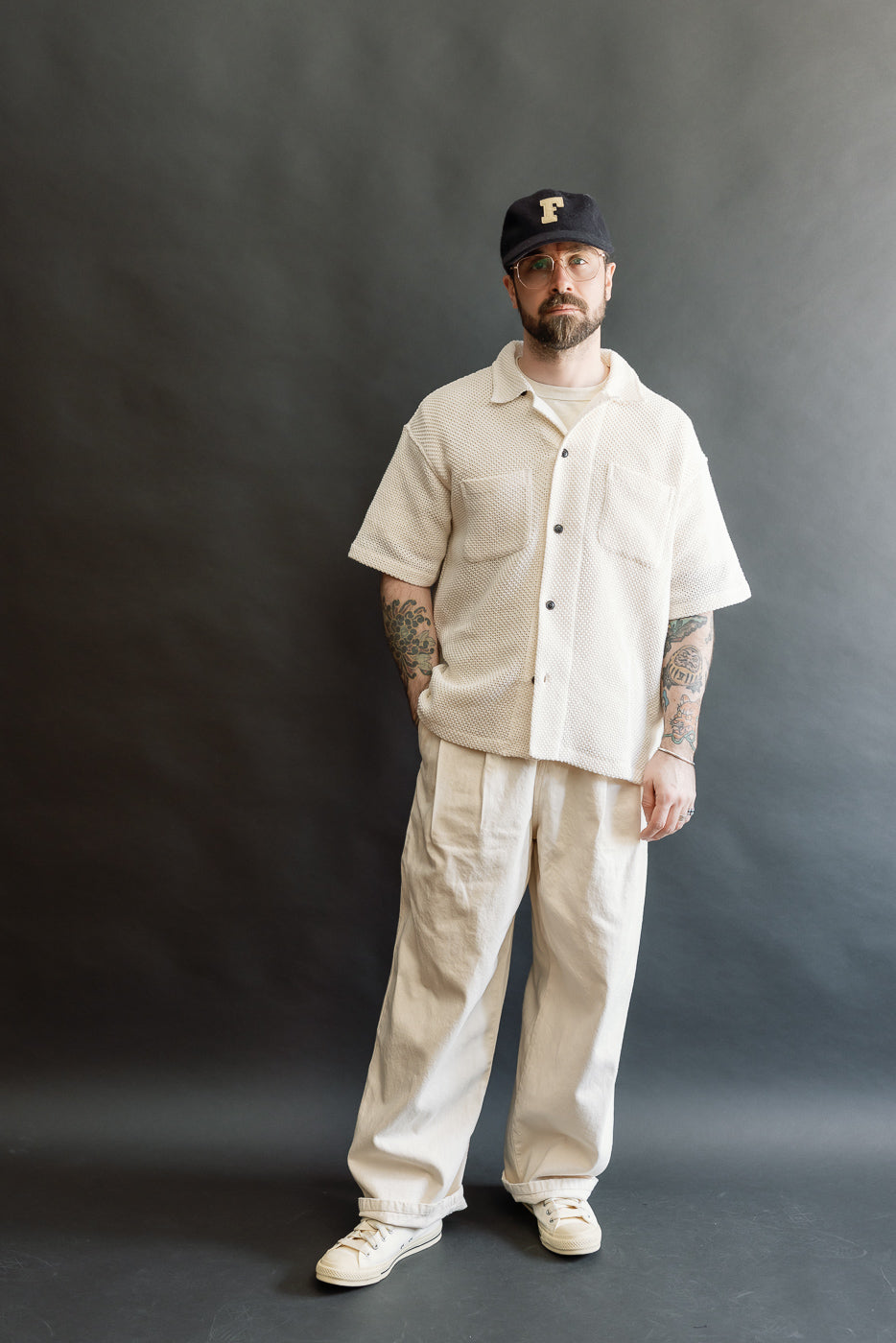 Full body front view of male model, 5'9