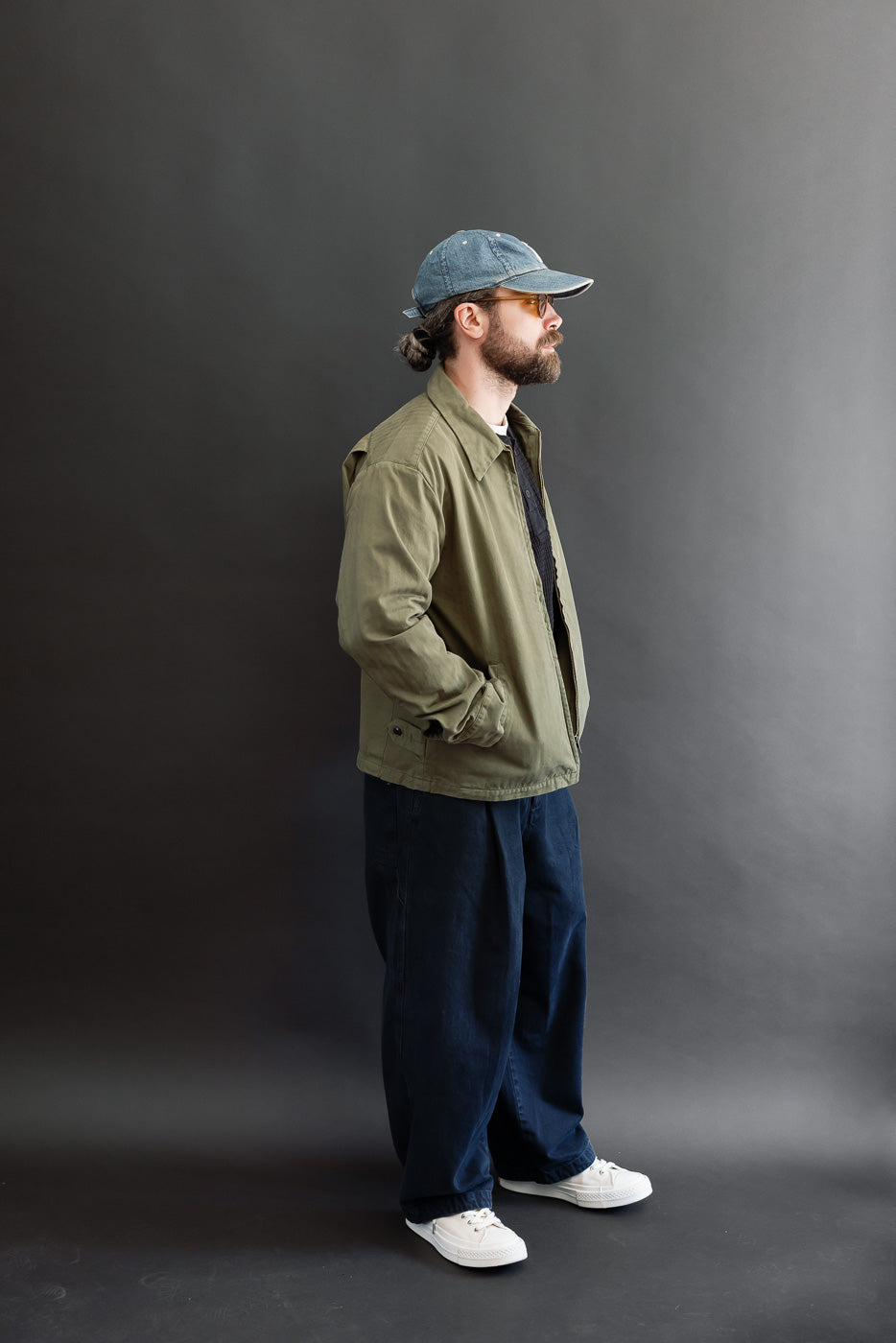 Full body side view of a male model, 5'9
