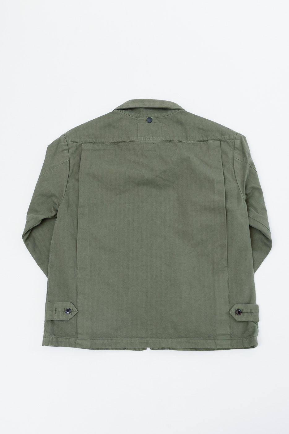 Back view of an olive green long-sleeve casual shirt shown in a flat lay.