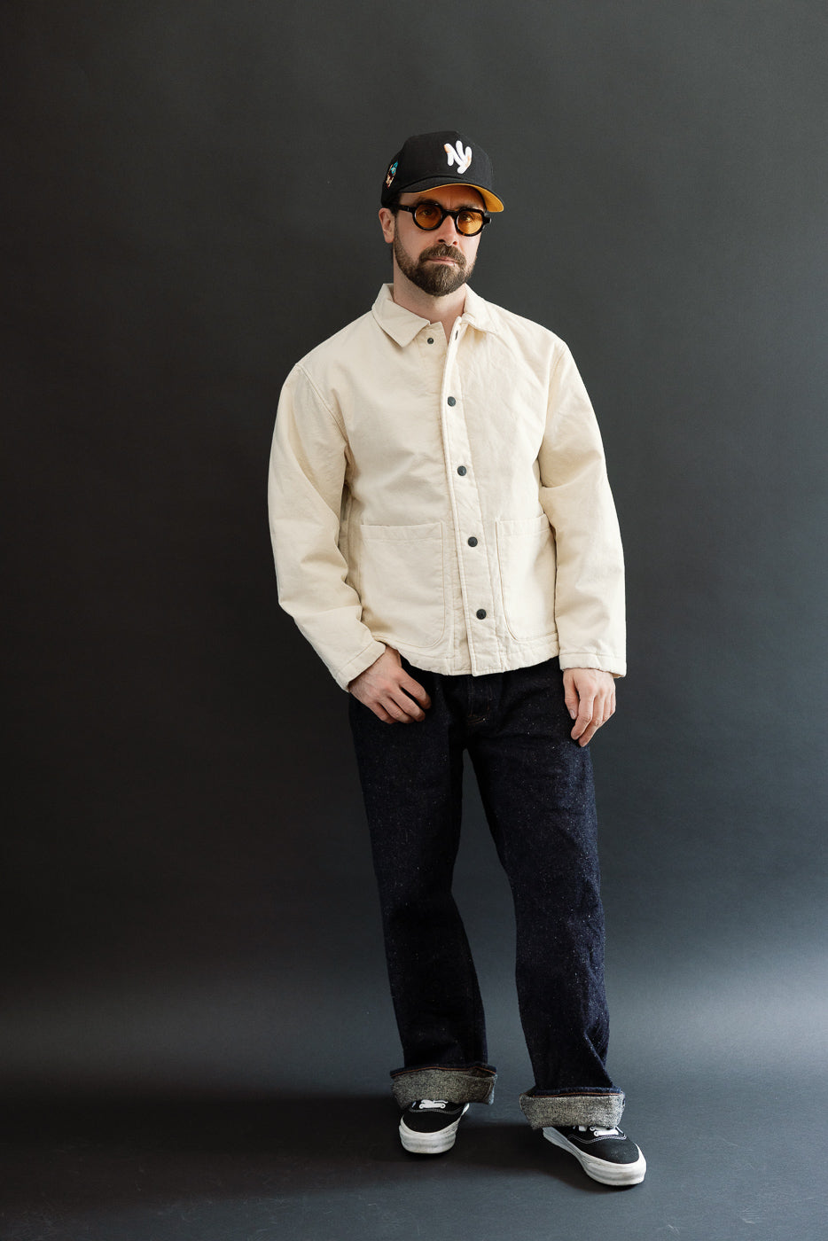 Full body front view of male model, 5'9