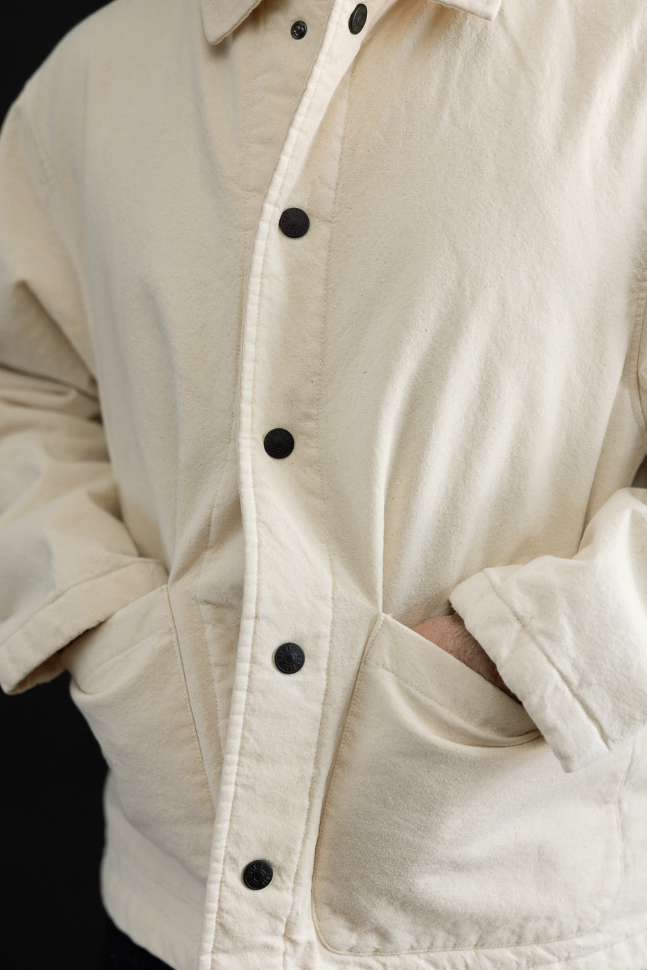 Close-up front view of cream ecru jacket on male model 5'9