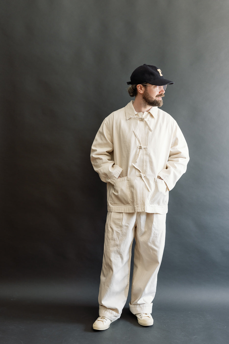 Full body front view of male model 5'9