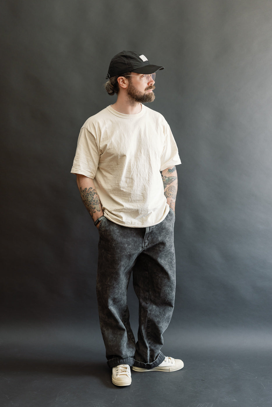 Full body, front view of male model 5'9