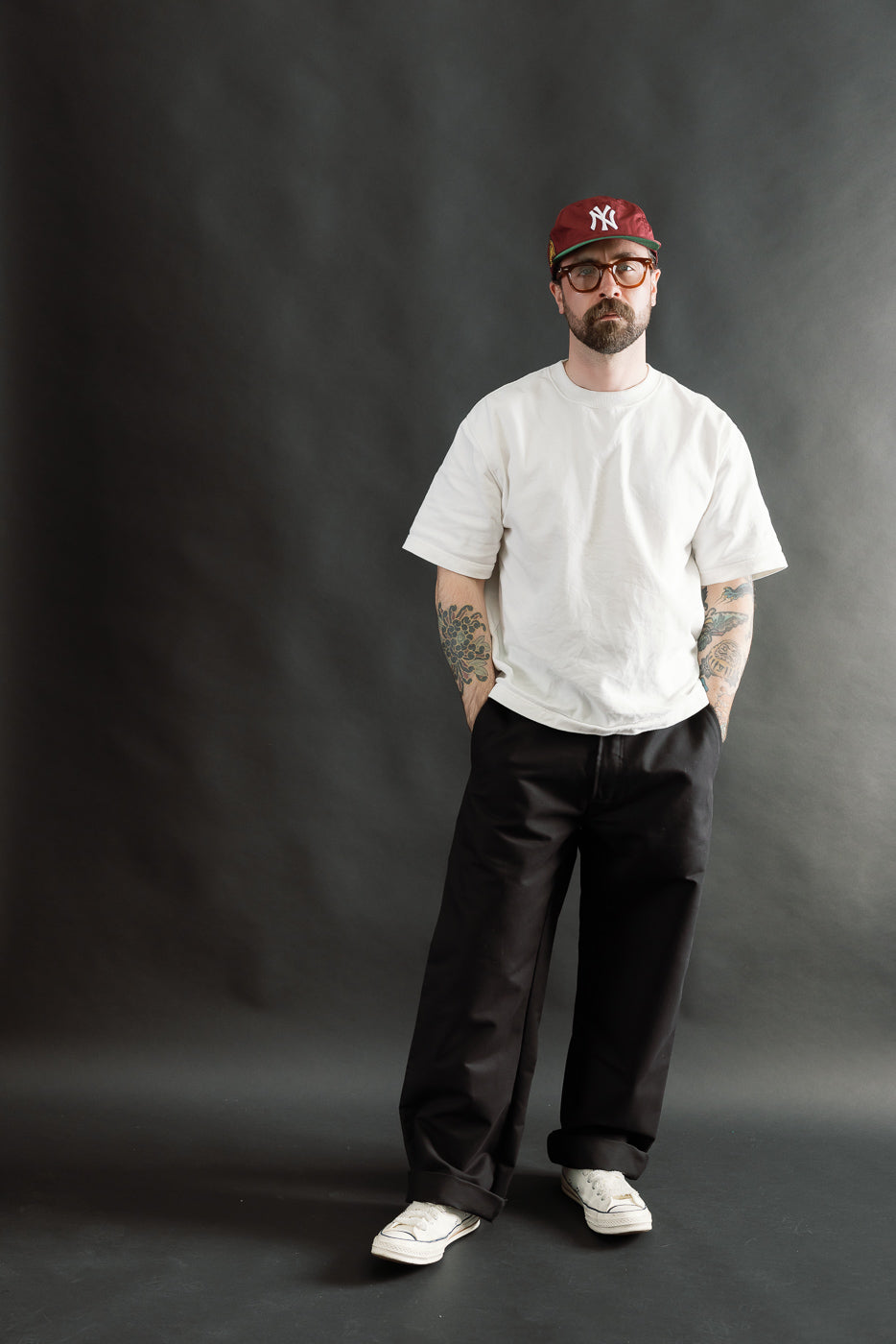 Full body front view of male model 5'9