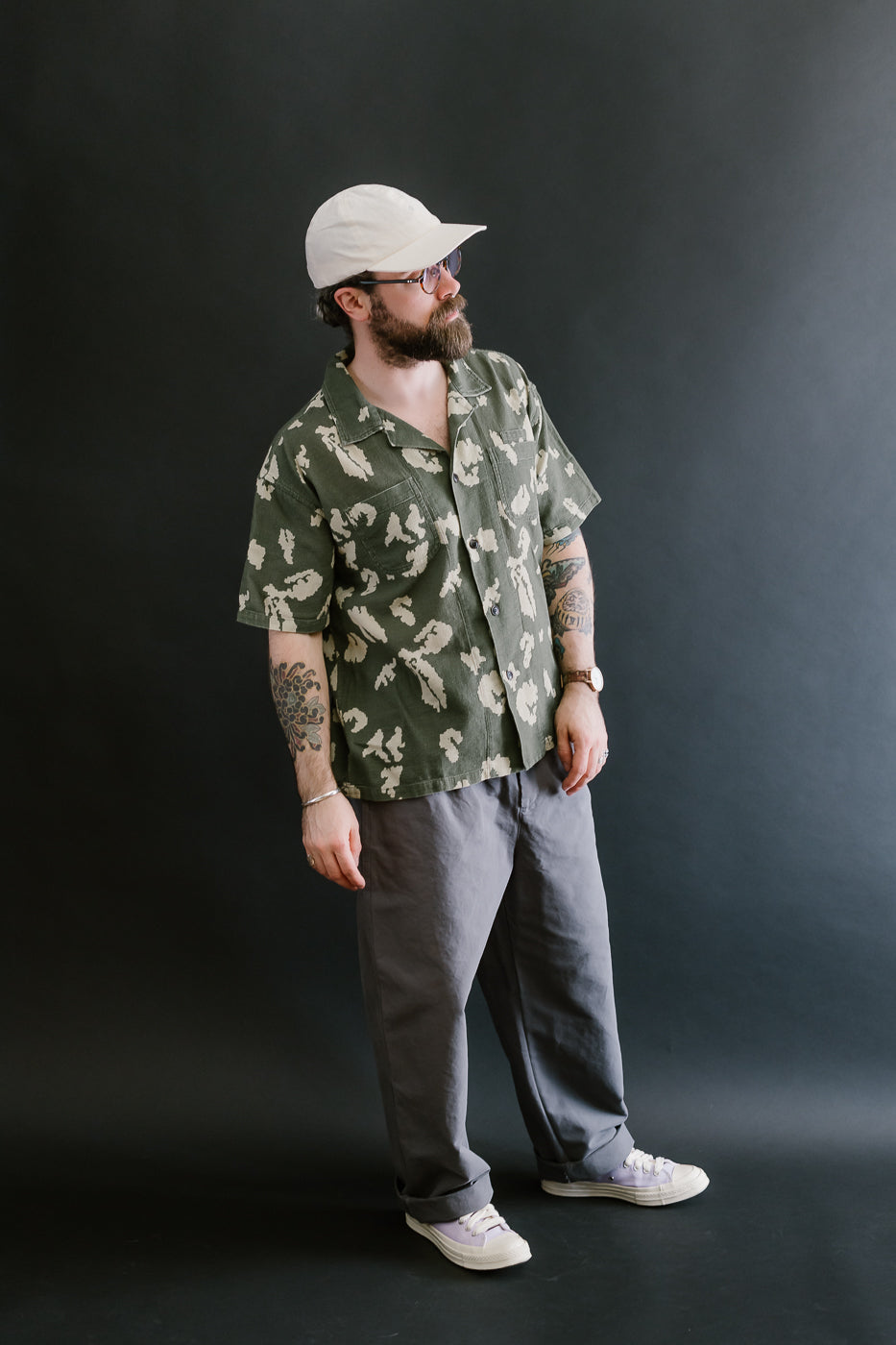 M-I-001 - Cloud Camo Mesh Aloha Shirt - Mint, Off White