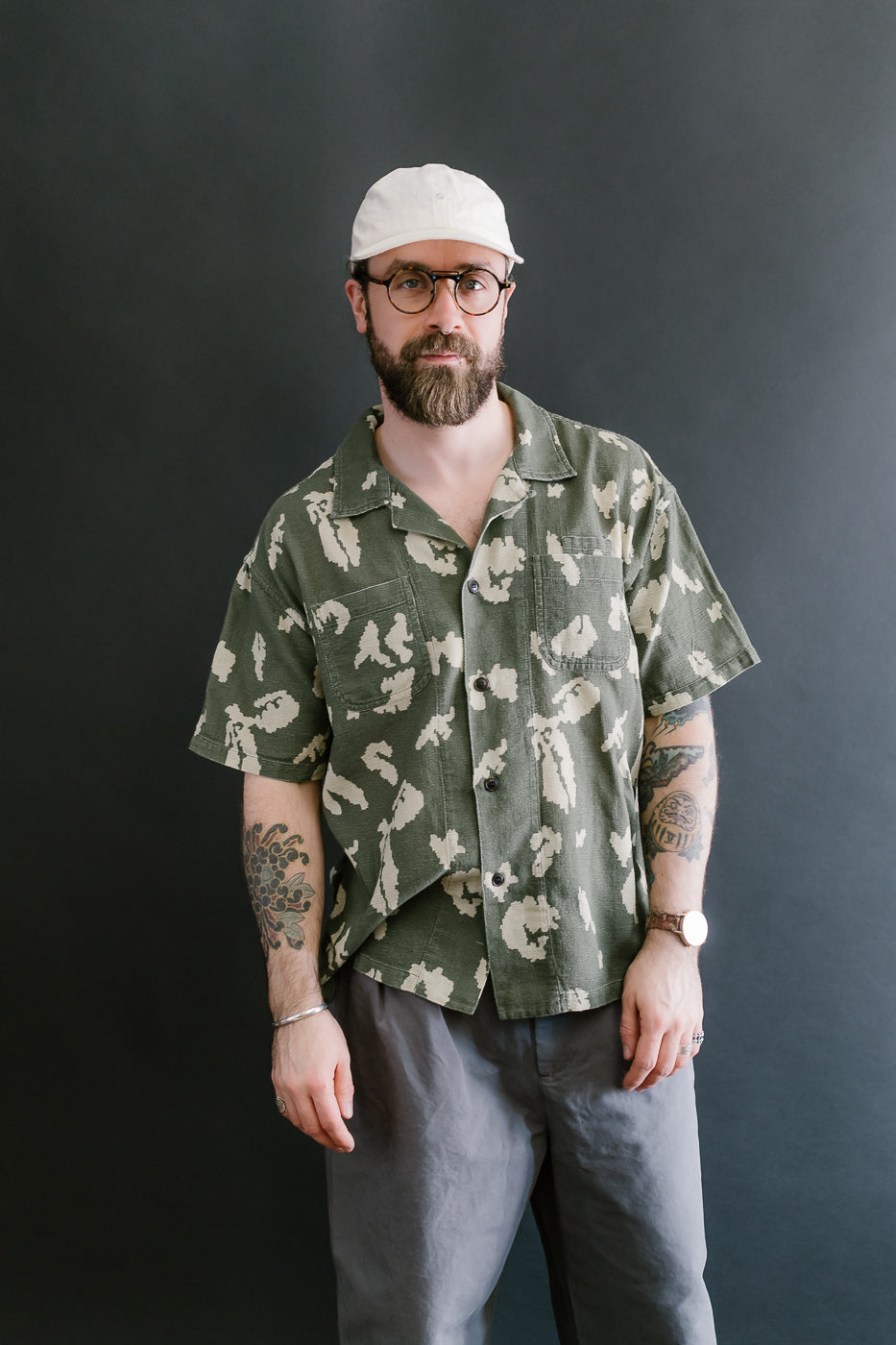 M-I-001 - Cloud Camo Mesh Aloha Shirt - Mint, Off White