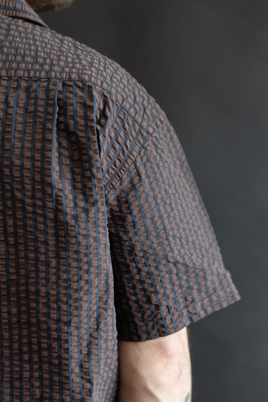 Close-up of male model's right side wearing short sleeve seersucker denim shirt, showing fabric texture and sleeve detail.