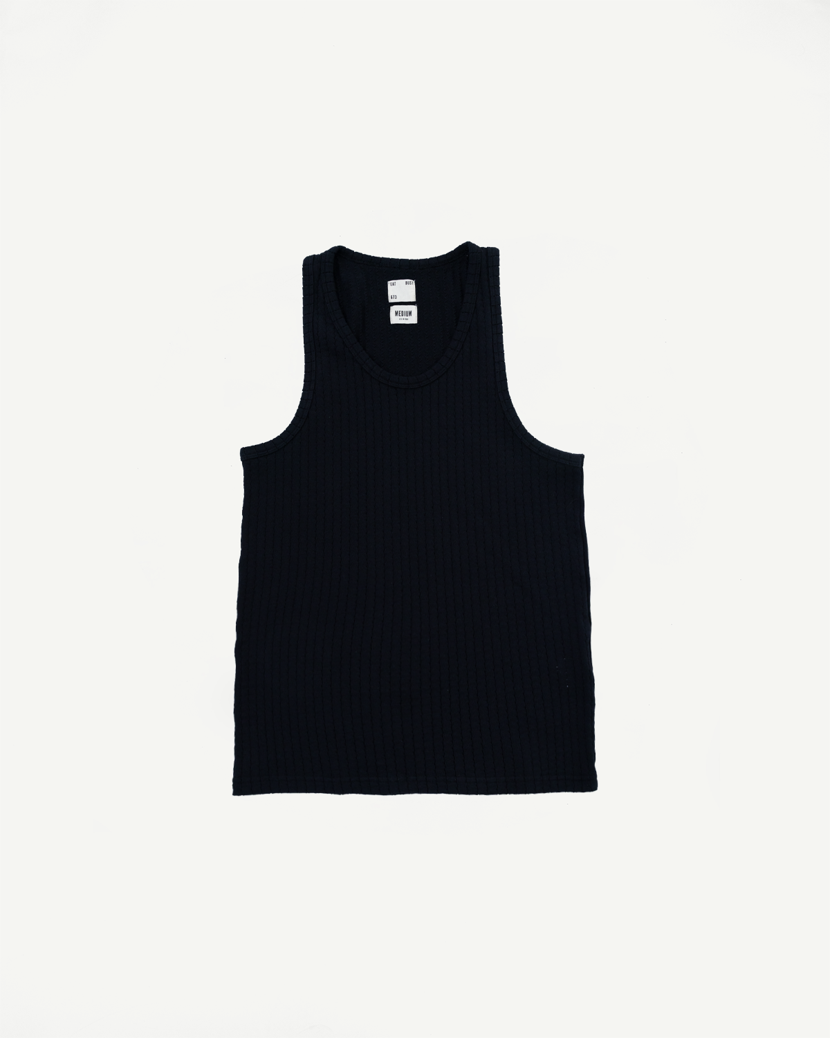 Flat lay front view of black mesh cotton men's tank top, ribbed texture, no model shown