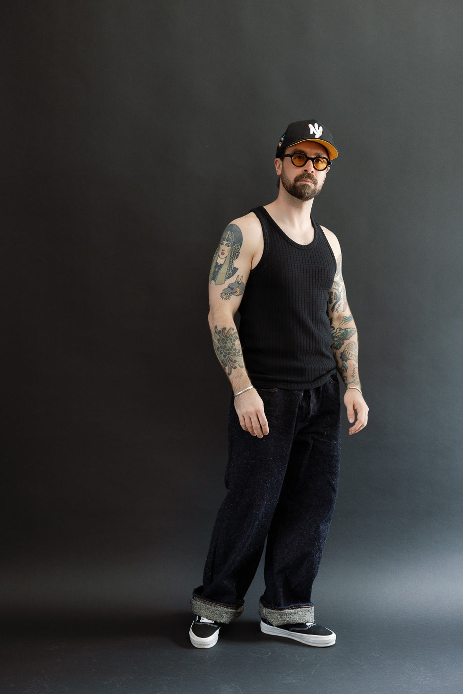 Full body front view of male model 5'9