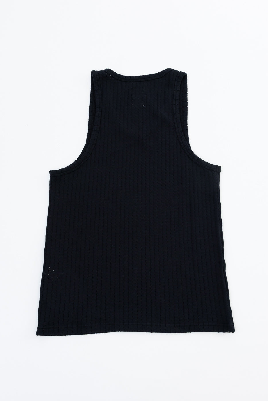 Flat lay of black mesh cotton tank top, back view, showing ribbed texture and sleeveless cut.