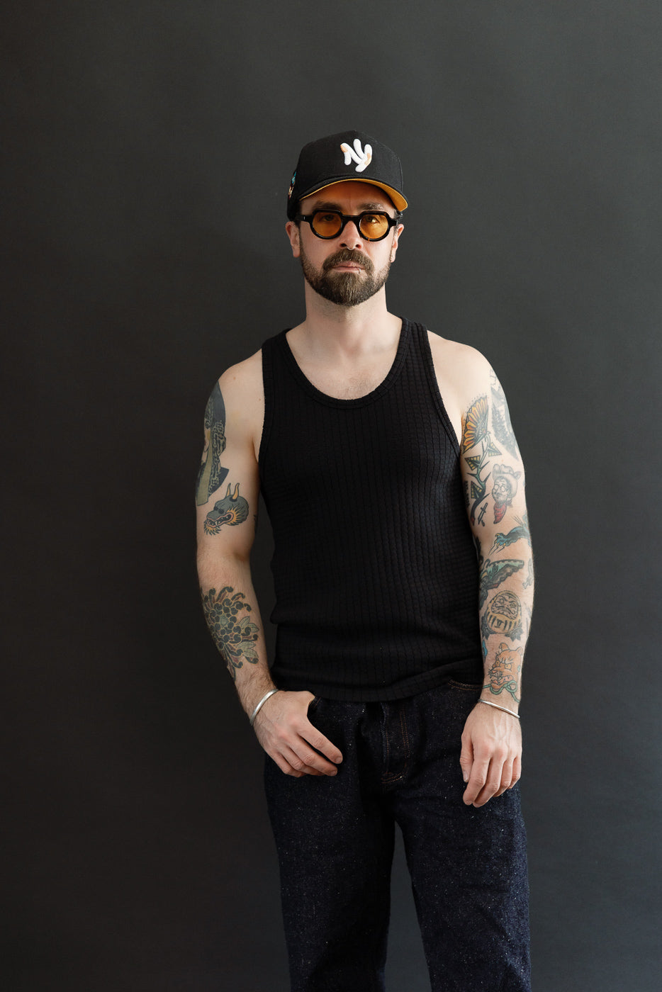Front view, full body of male model 5'9
