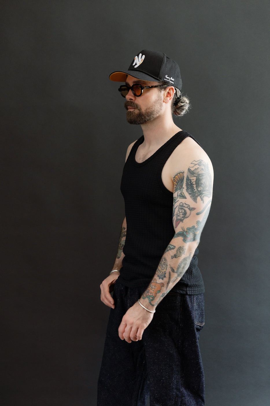 Side view, full body photo of male model 5'9