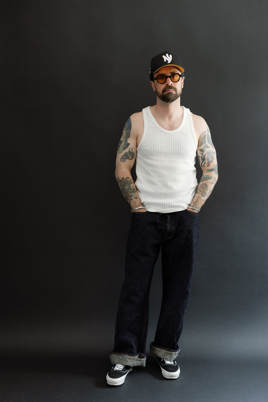 Full body front view of male model, 5'9