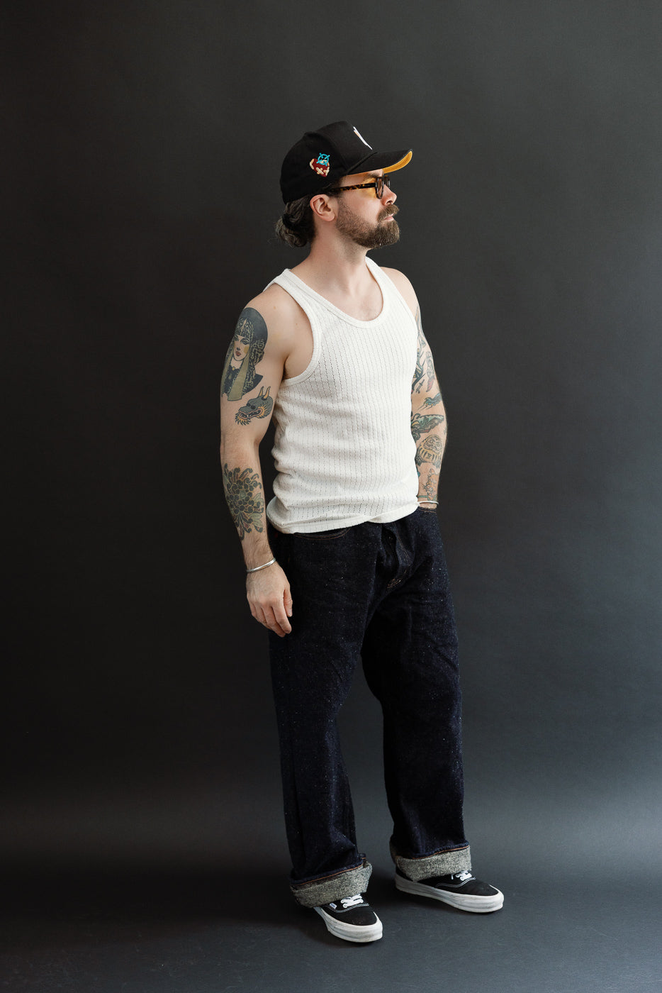 Full body front view of male model, 5'9