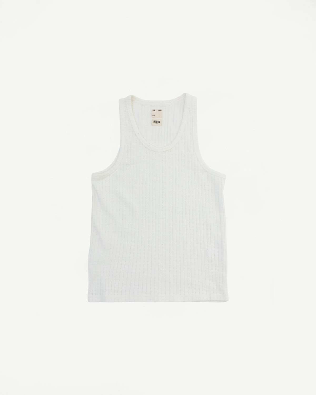 Flat lay front view of white mesh cotton tank top showing collar, hem, and tag detail.