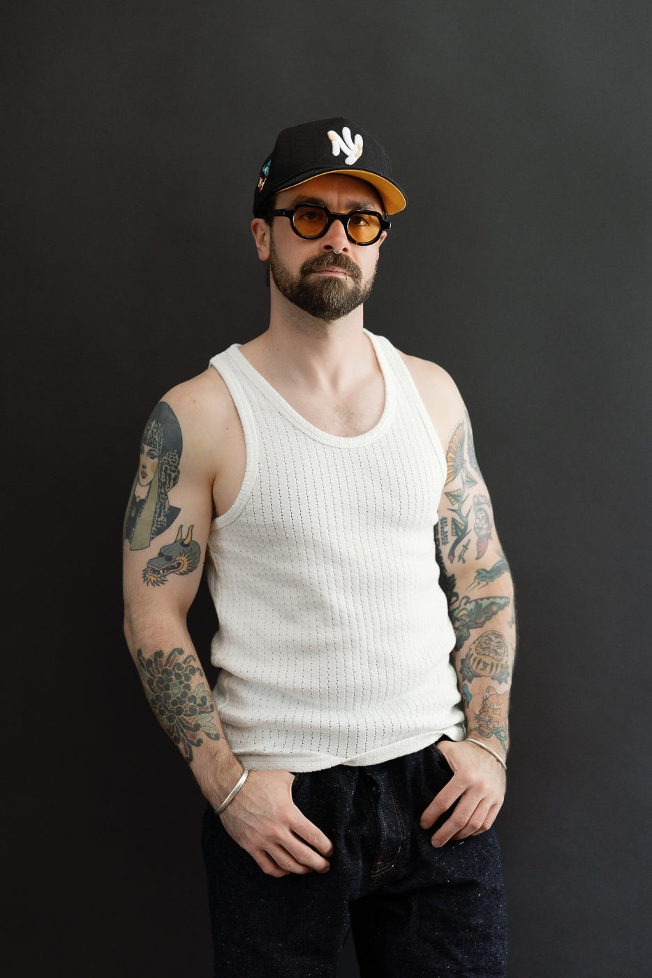 Front view, full body of male model 5'9