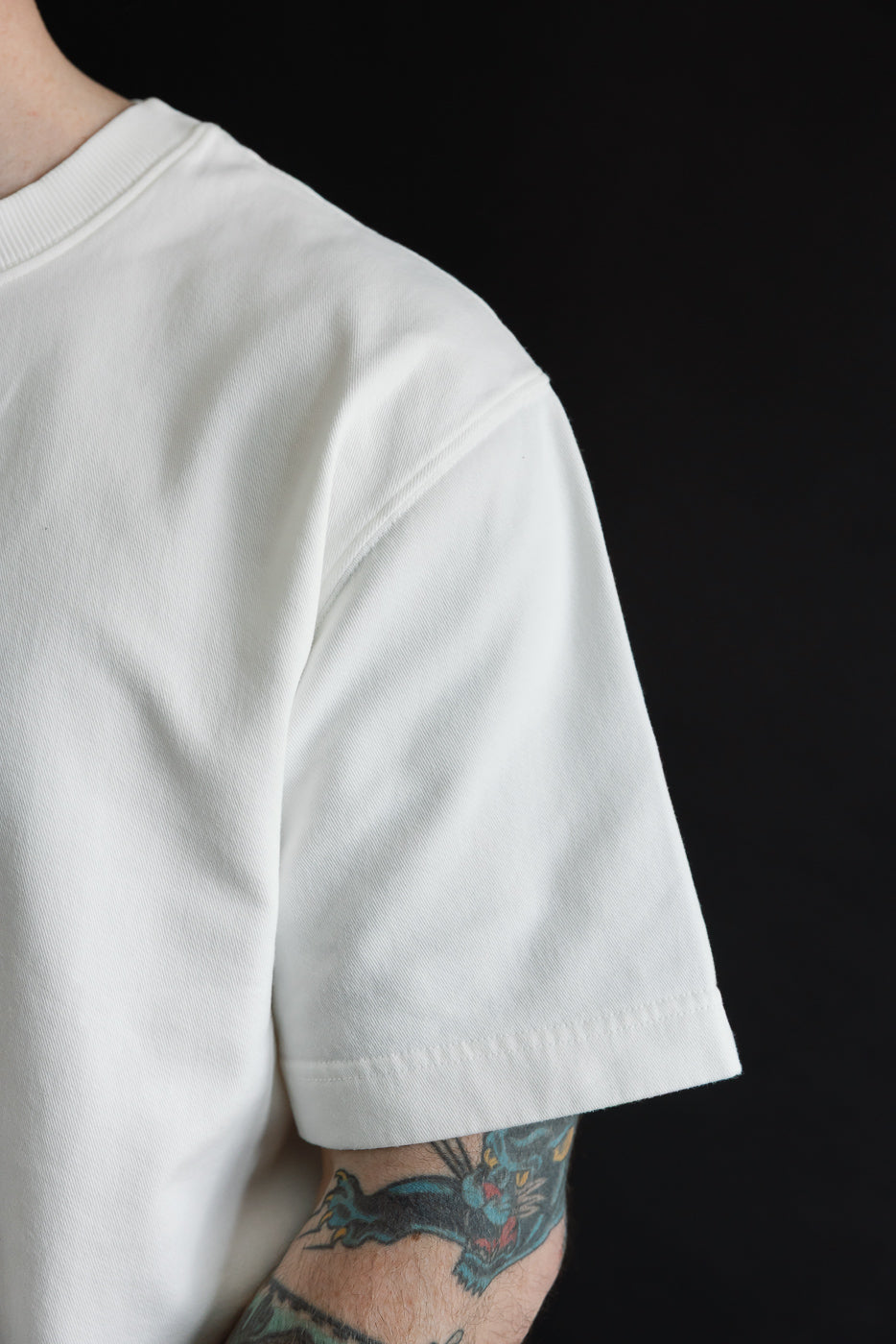 Close-up of right sleeve and shoulder seam on men's twill jersey t-shirt, male model, athletic build