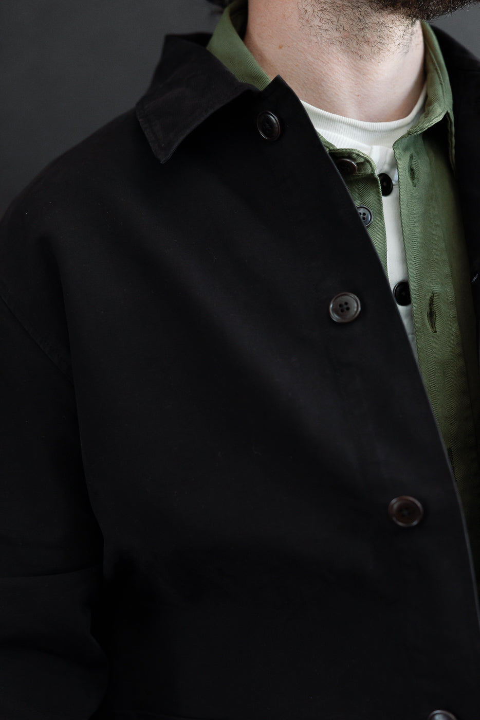 Close-up, right side view of a black cotton coat showing button details and collar texture.