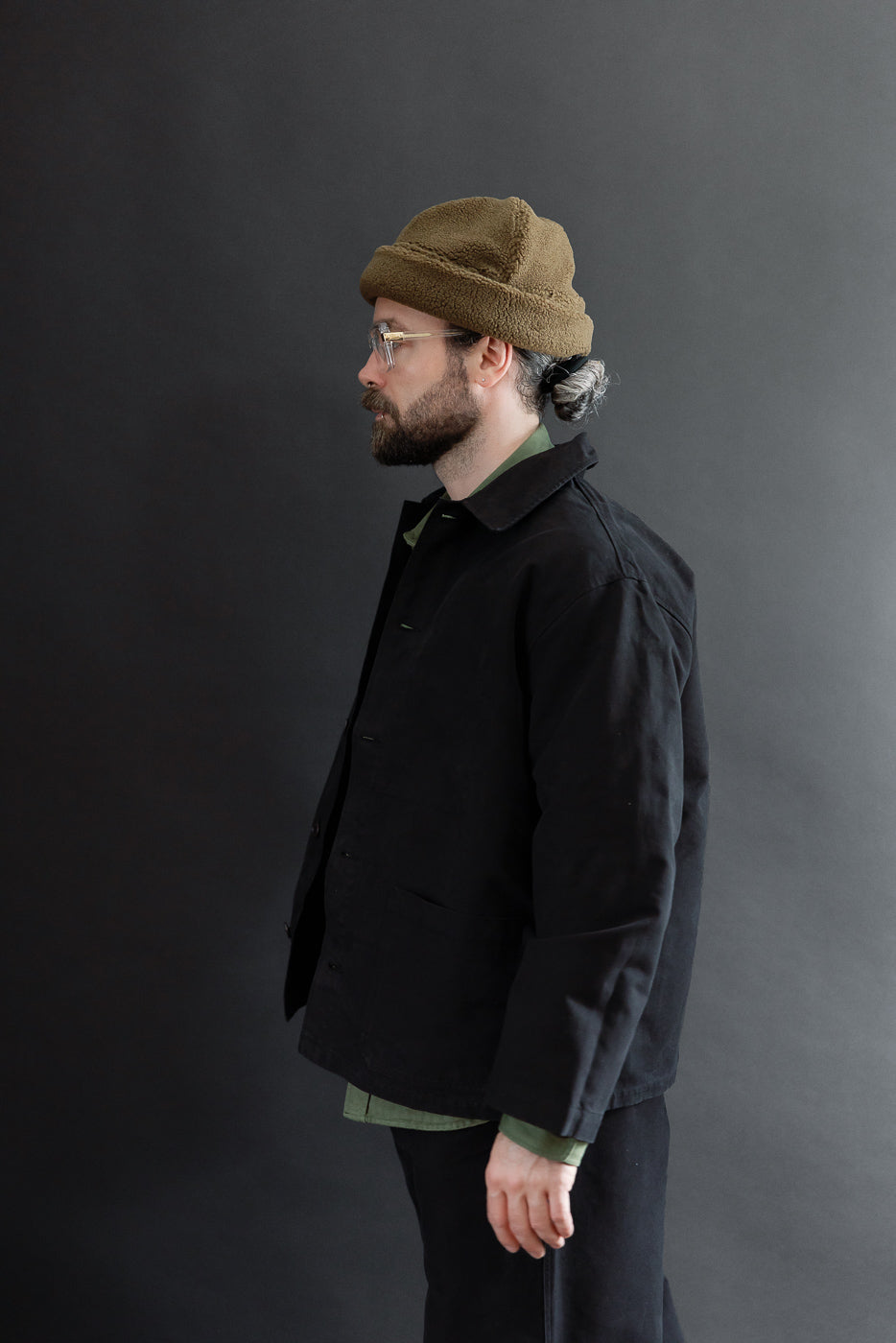 Side profile, full body view of a male model, 5'9