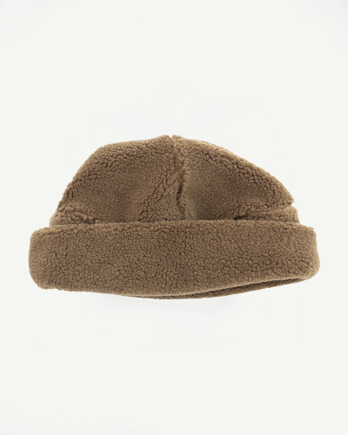 Front view flat lay of a brown textured sherpa fleece beanie.