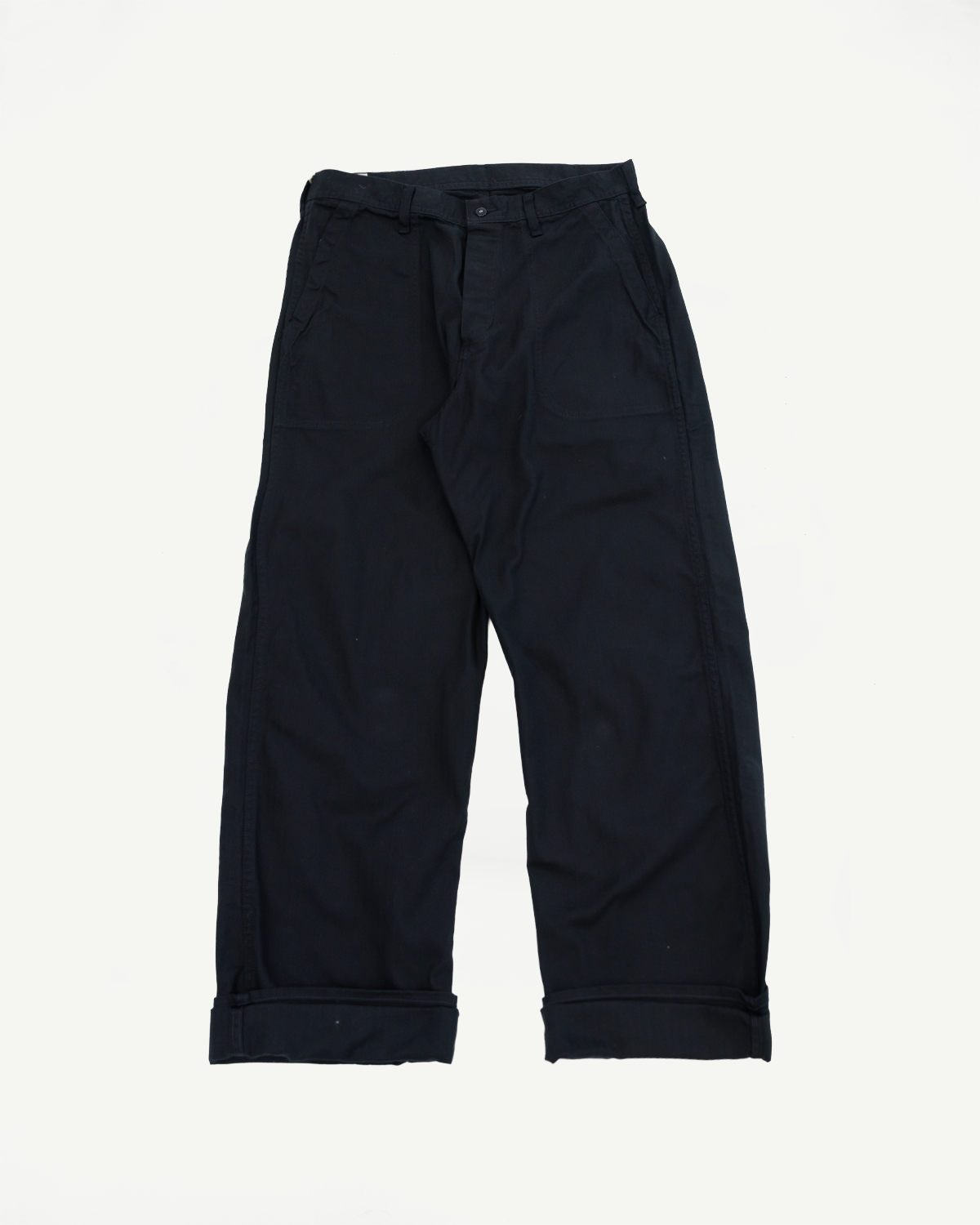 Flat lay front view of black wide-leg cargo pants with cuffed hems, front pockets, and button waistband