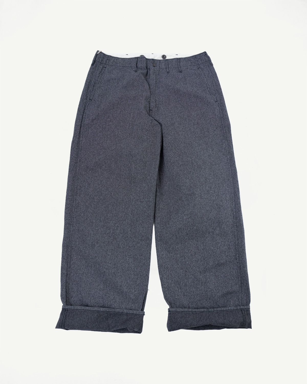 Front view of dark gray wide-leg pants with cuffed hems, flat lay