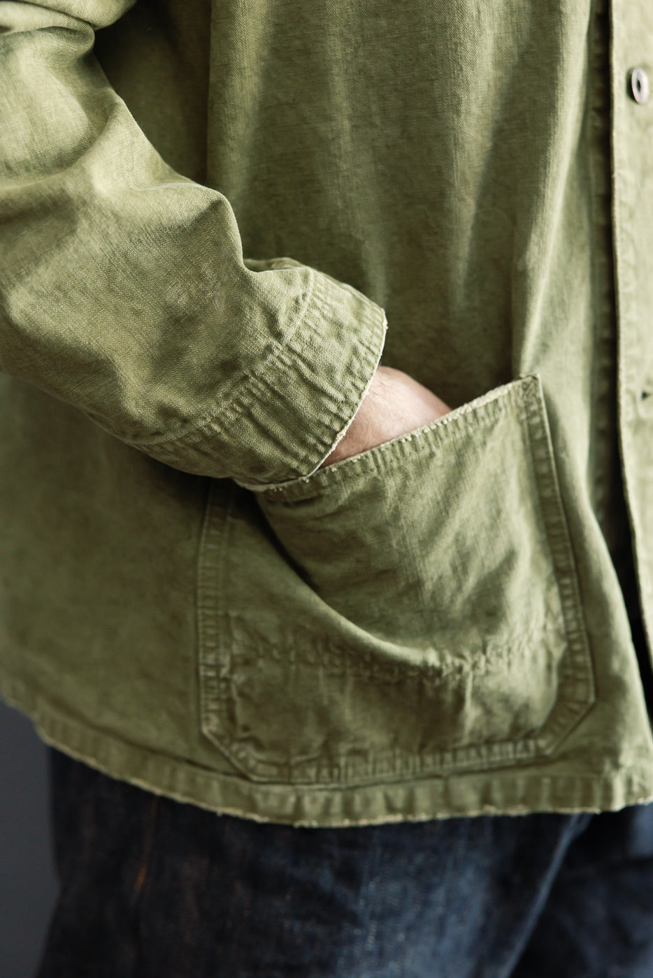 Close-up of olive green shirt front: chest pocket, buttoned sleeve cuff, and textured fabric detail on male model.