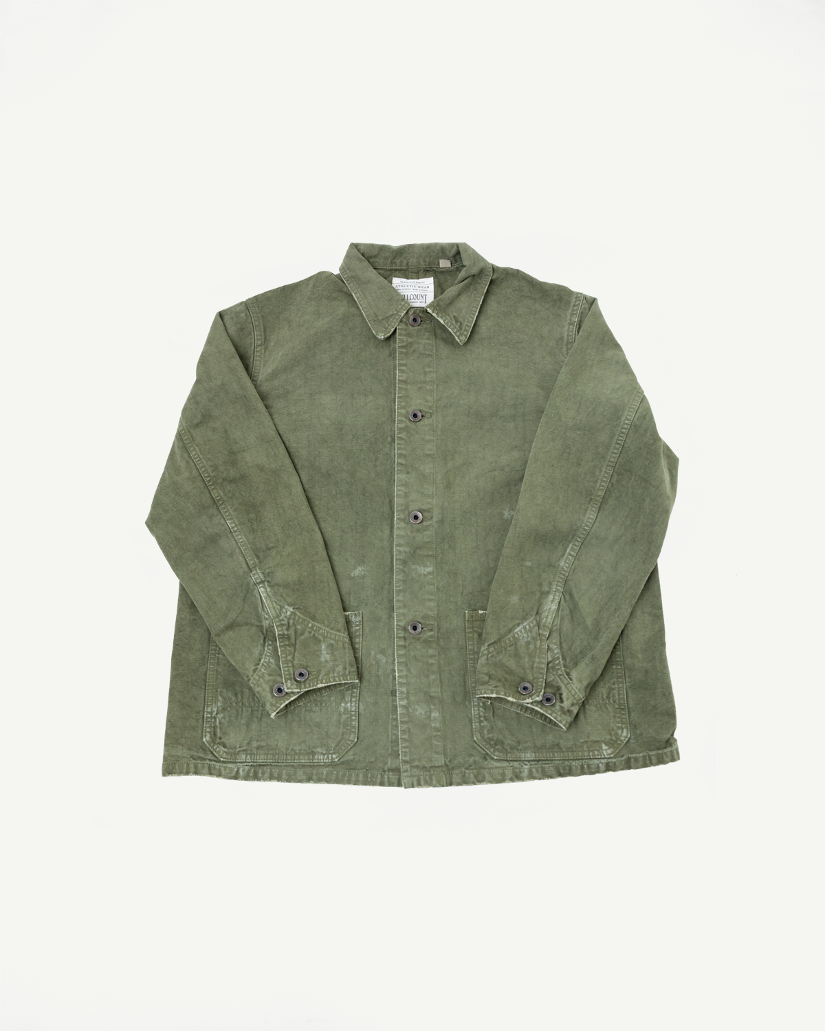 Front flat lay of olive green corduroy shirt with button closures and chest pockets
