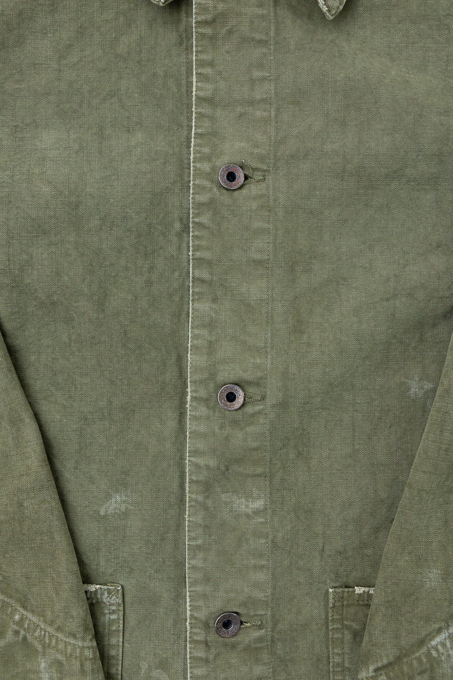Close-up front view of olive green shirt showing button details and fabric texture