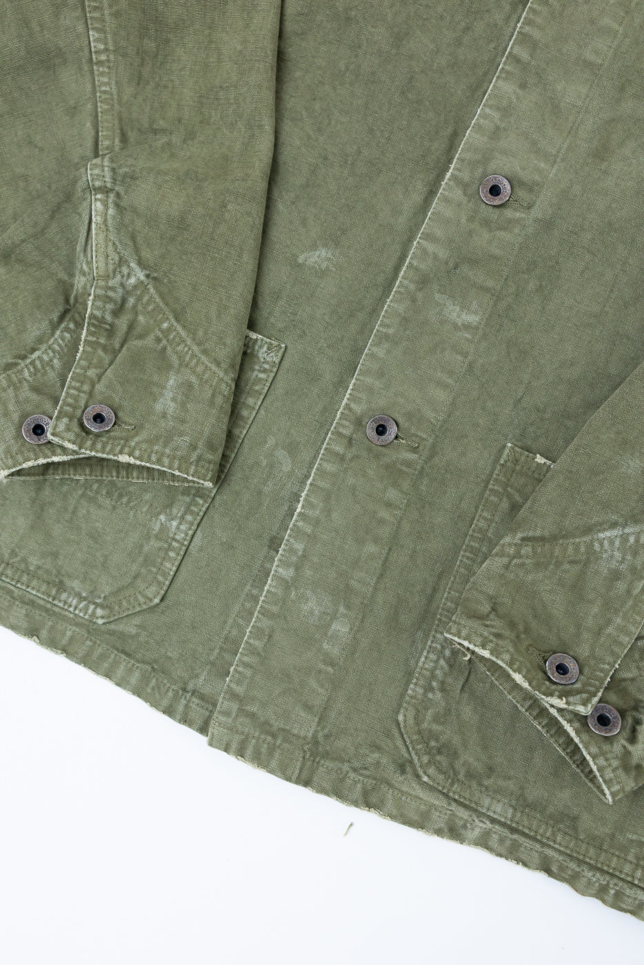 Close-up of olive green jacket front, showing button details and textured fabric