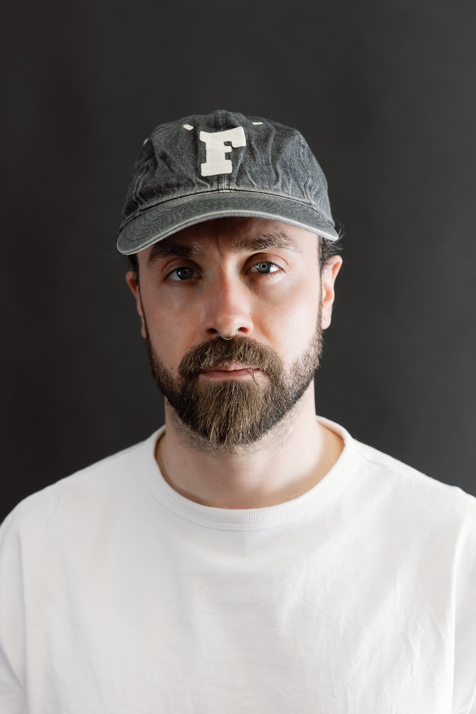 6843HW - 6 Panel Denim Baseball Cap 'F' Patch - Black Vintage Wash