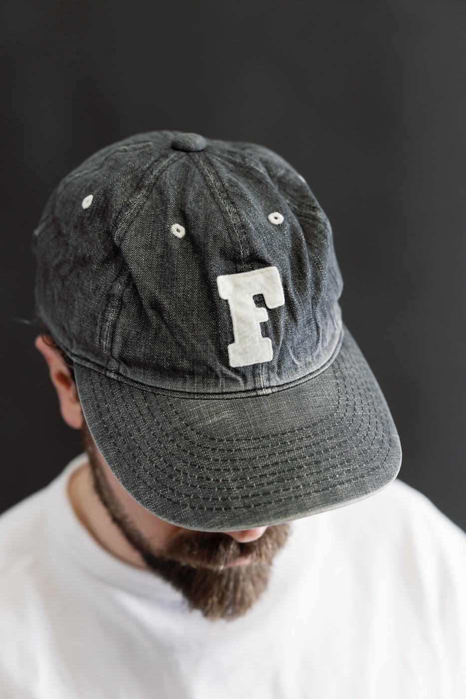 6843HW - 6 Panel Denim Baseball Cap 'F' Patch - Black Vintage Wash