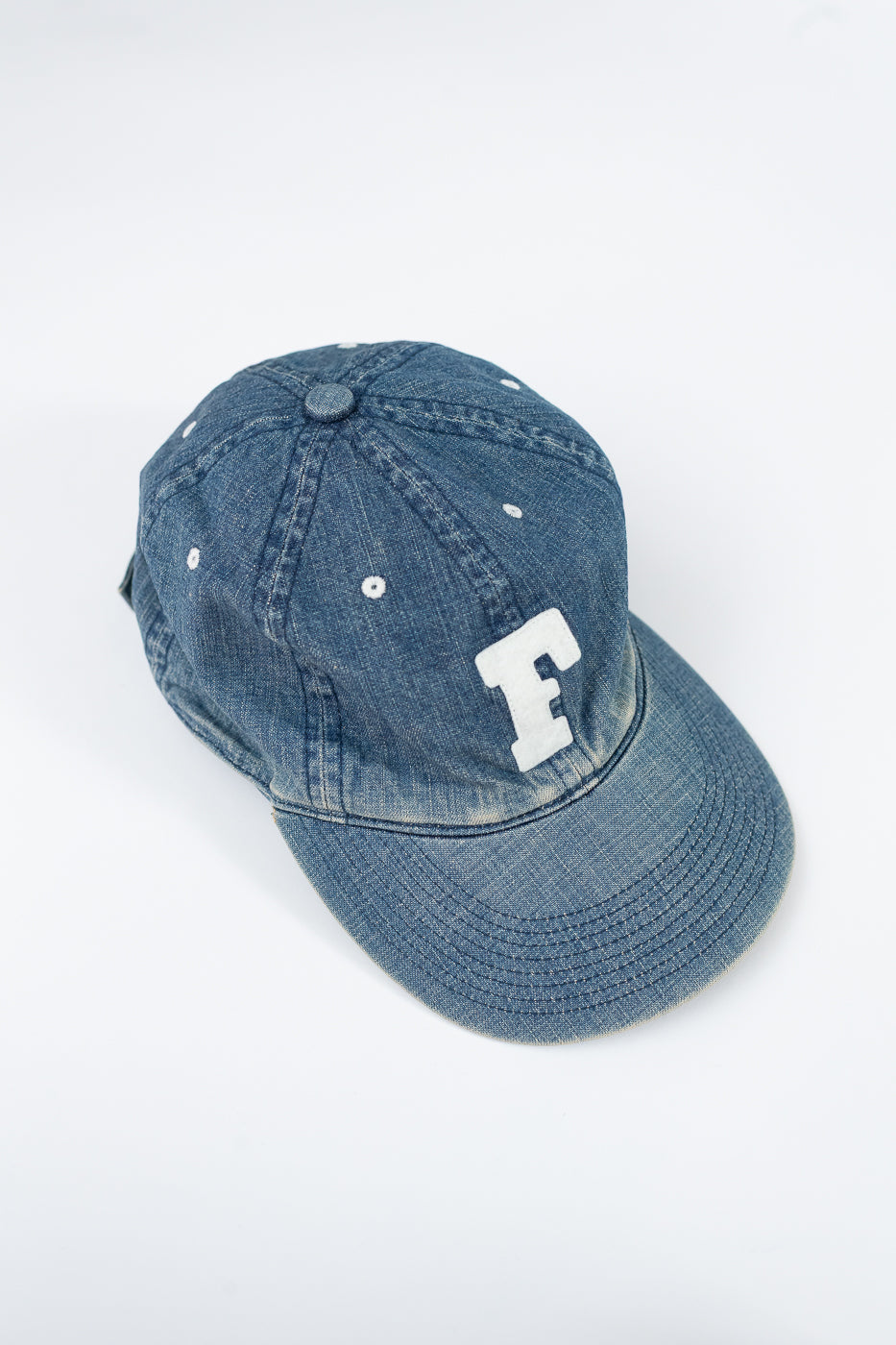 6843HW - 6 Panel Denim Baseball Cap 'F' Patch - Indigo Vintage Wash