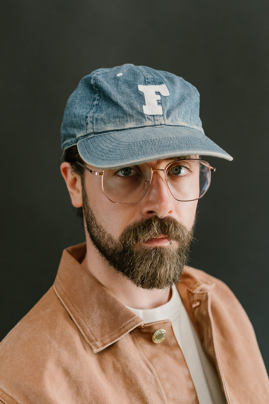 6843HW - 6 Panel Denim Baseball Cap 'F' Patch - Indigo Vintage Wash