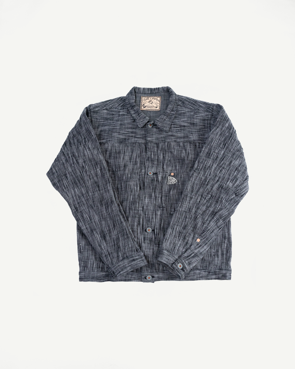Front flat lay of dark gray textured button-up shirt with collar, chest pocket, and brand tag visible