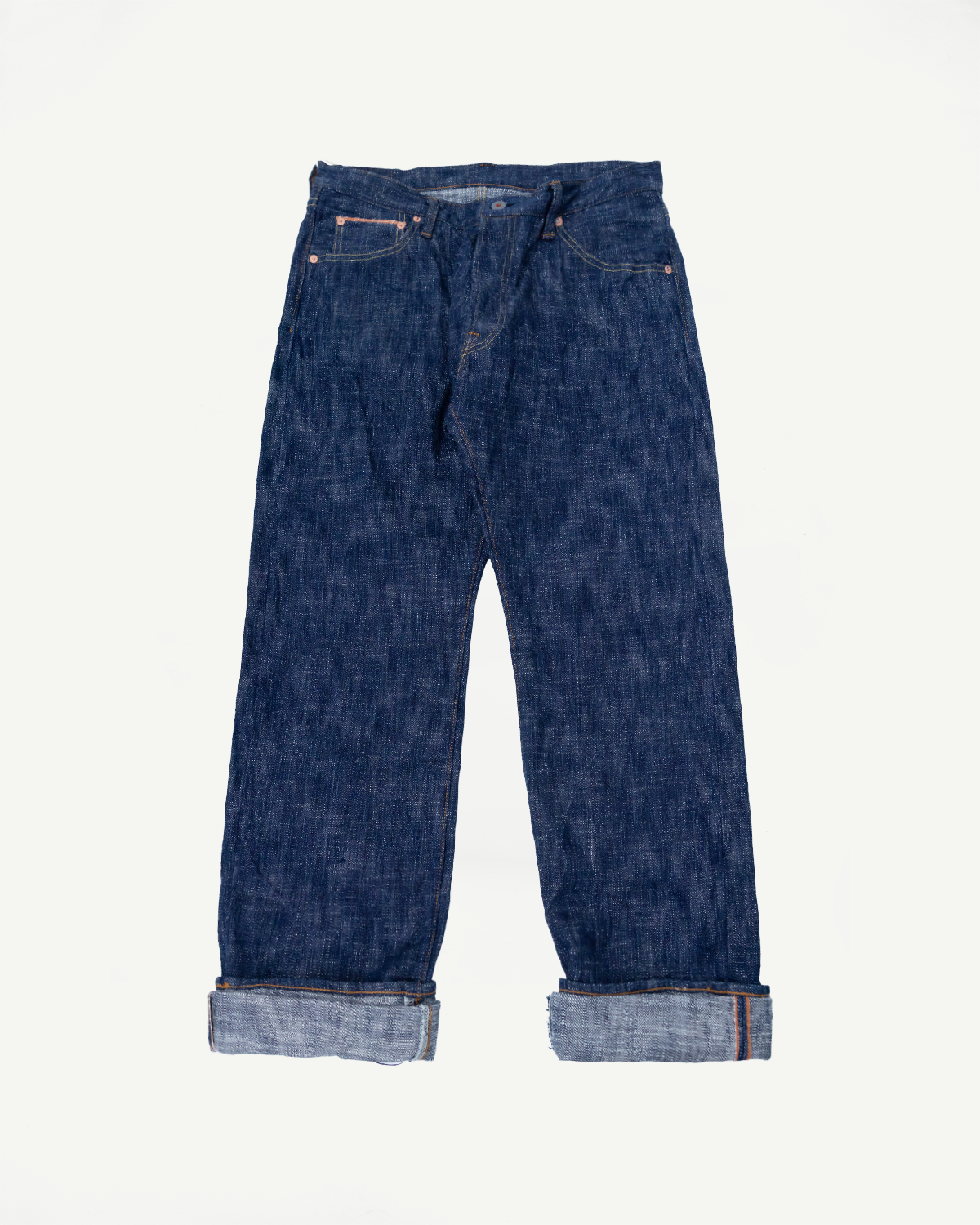 15oz Skein Dyed Slubby Green Indigo Selvedge Jeans - Slim Straight Fit, featuring a rolled-up hem exposing the selvedge, copper rivets, and five-pocket design, showcasing premium Japanese denim craftsmanship.