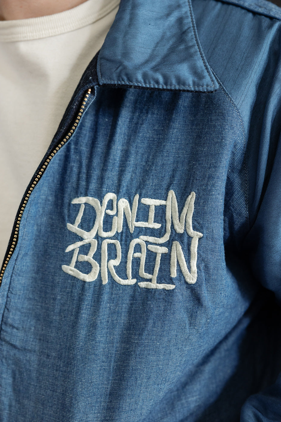 Close-up front view of blue denim jacket with 'DENIM BRAIN' embroidery, worn by male model, showing collar and zipper detail.