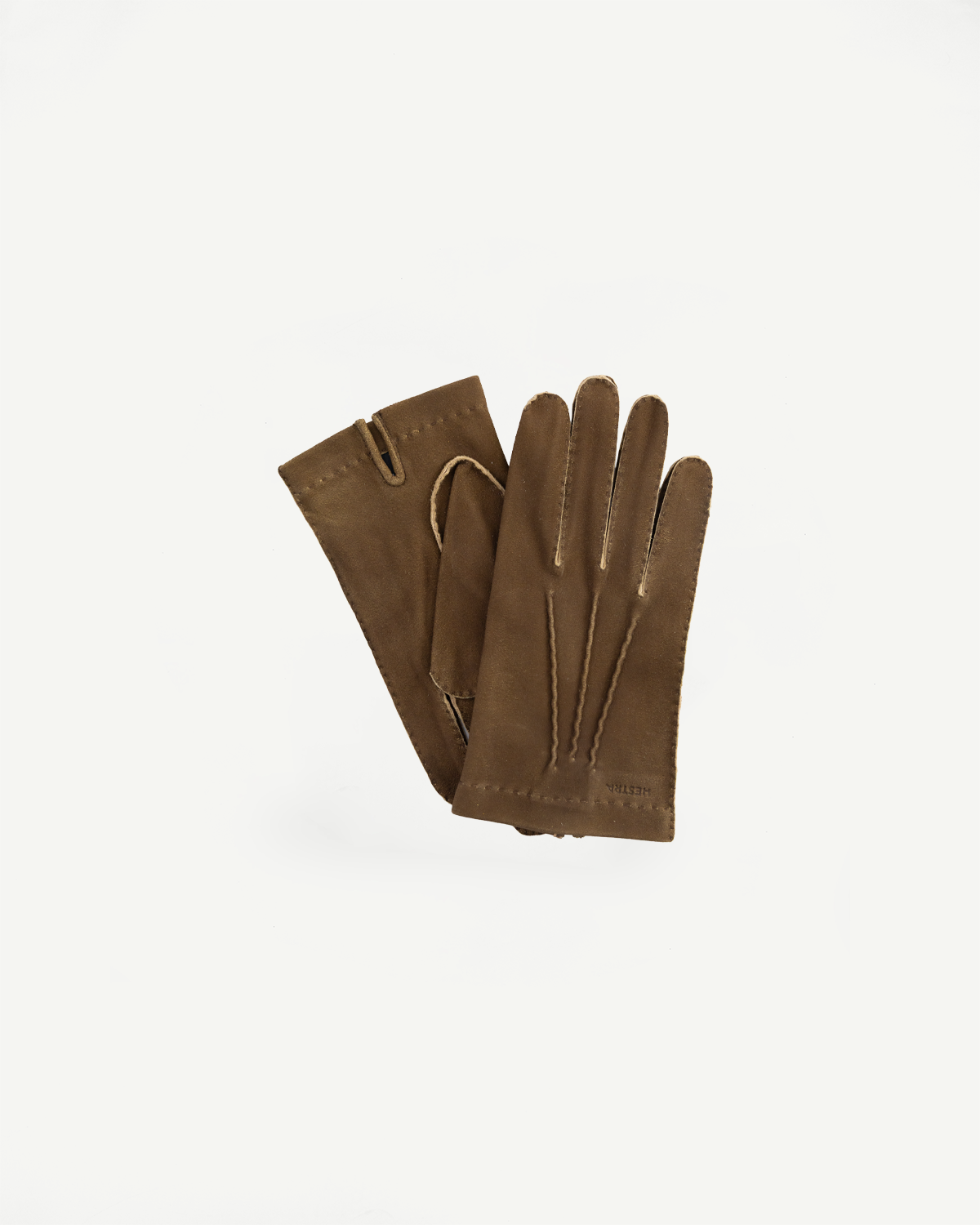 Flat lay of Hestra Damien brown suede gloves, front side, showing stitching and wrist detail.